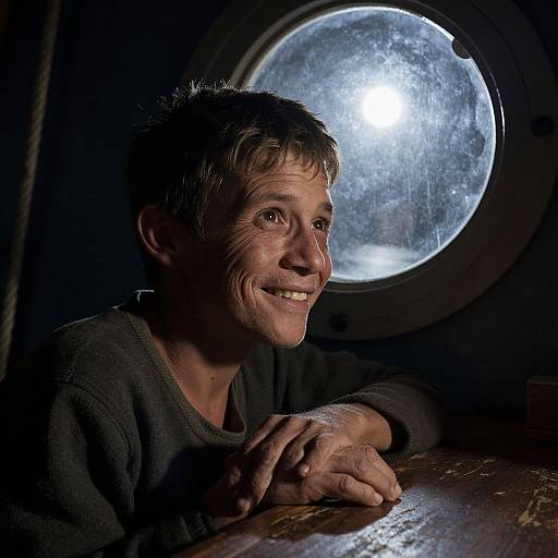 Photograph of a smiling, scruffy-haired man in a dark sweater, leaning on a wooden surface, illuminated by a bright, circular window.