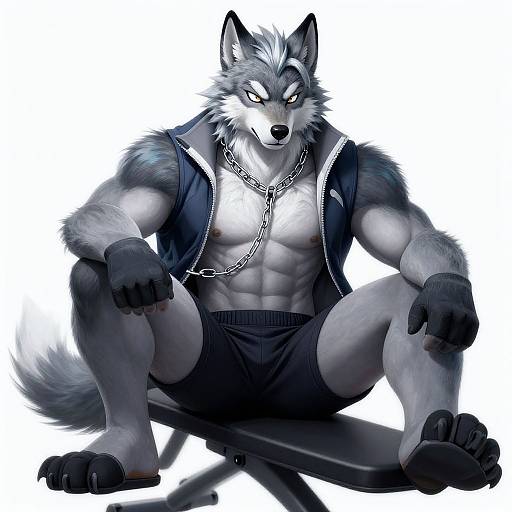 Digital illustration of a muscular, anthropomorphic grey wolf with blue eyes, wearing an unzipped sleeveless jacket, chain necklace, and black shorts,
