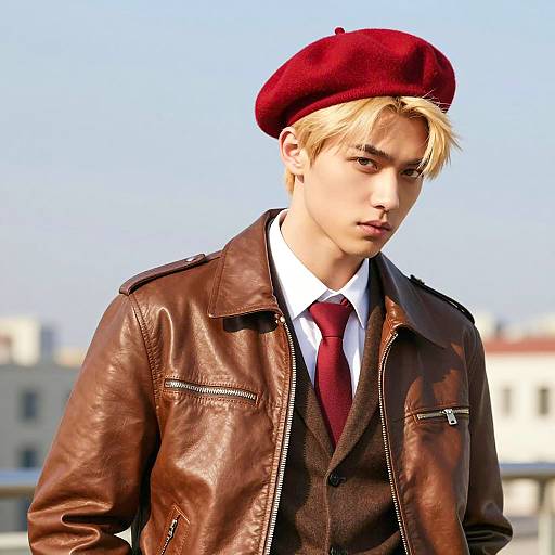 Young Man in Red Beret and Brown Leather Jacket