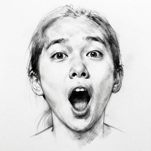 Black and white sketch of a surprised Asian woman with open mouth, expressive eyes, and slightly messy hair, centered against a white background.