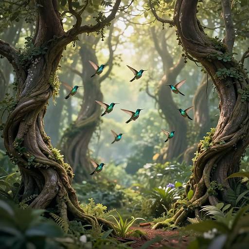 Ethereal Forest with Iridescent Hummingbirds