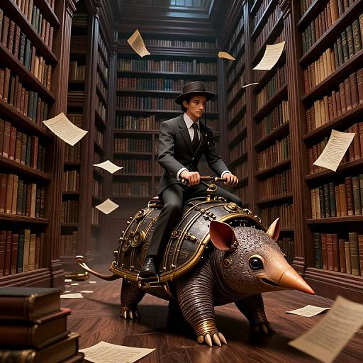 Photorealistic CGI: Mysterious man in black suit and hat rides armored, steampunk warthog through floating papers in a dim, book