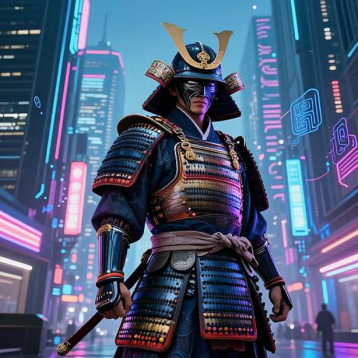 Neon-lit cyberpunk cityscape with samurai warrior in detailed, reflective armor, holding a sword, adorned with golden horns on helmet. Vibr