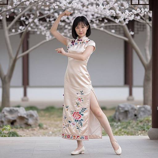 Photograph of an Asian woman in a cream-colored, floral-embroidered cheongsam, standing in a cherry blossom garden, striking a dynamic