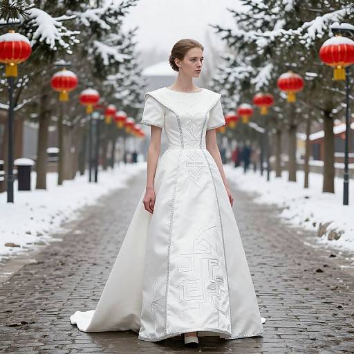 Photograph of a fair-skinned woman in a white, intricately patterned, short-sleeved wedding dress, standing on a snowy, cob