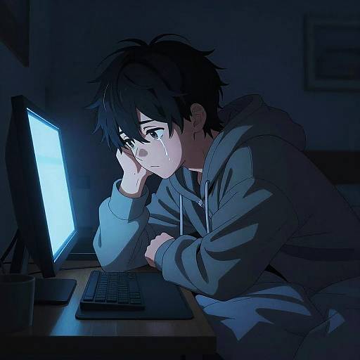 Sad Anime Boy in Cozy Room