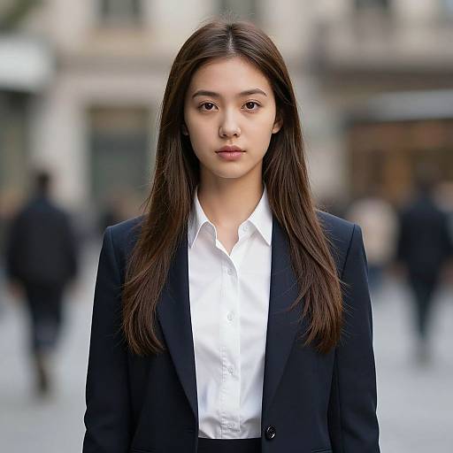Photograph of an Asian woman with long brown hair, wearing a black blazer and white shirt, standing in a blurred urban street background.