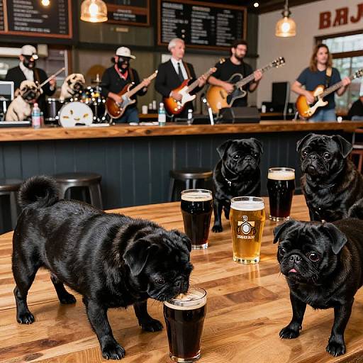 Photograph of four black pugs drinking from glasses of beer in a wooden bar, with musicians playing instruments in the background.