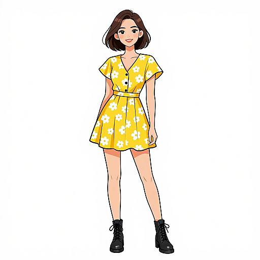 Digital illustration of a smiling young woman with short brown hair, wearing a yellow floral dress with a buttoned front, and black ankle boots, standing against