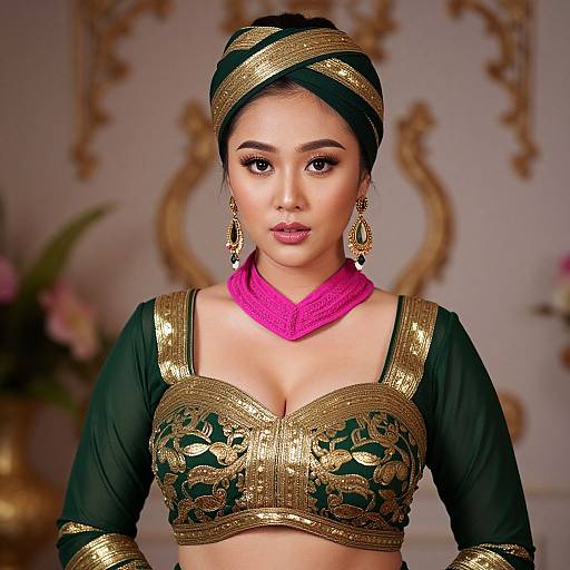 Photograph of an Asian woman in traditional Indian attire: black crop top with gold embroidery, pink scarf, black headwrap, and gold earrings, set