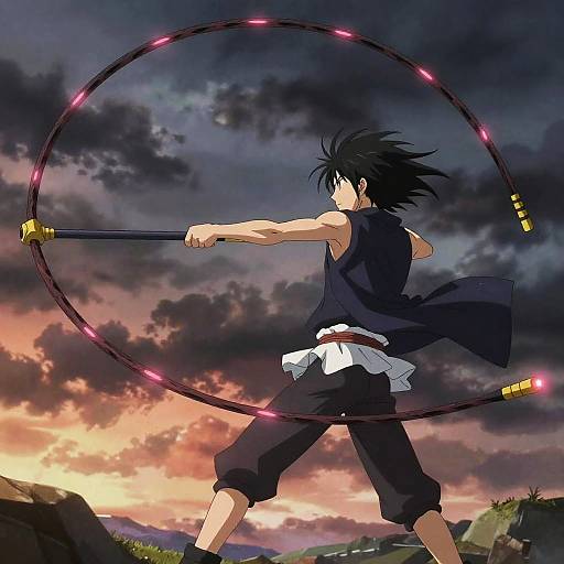 Anime-style digital artwork of a black-haired, muscular male warrior in a black sleeveless shirt and pants, wielding a glowing katana in a circular motion