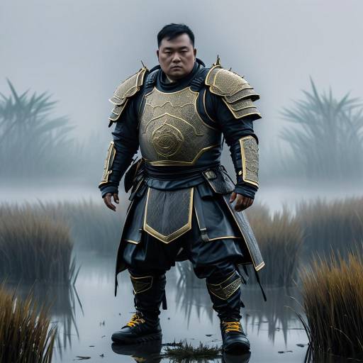 Warrior in Ornate Armor Standing in Misty Marsh