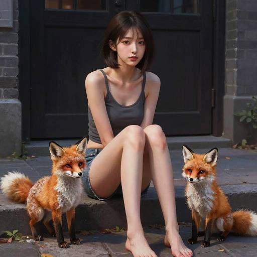 Young Woman Sitting with Two Foxes on Street Steps