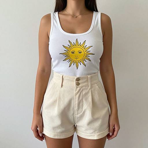 Photograph of a woman wearing a white tank top with a yellow sun graphic, and high-waisted cream shorts, against a plain white background.