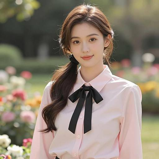 Young Woman in Pink Blouse with Black Bow in Garden