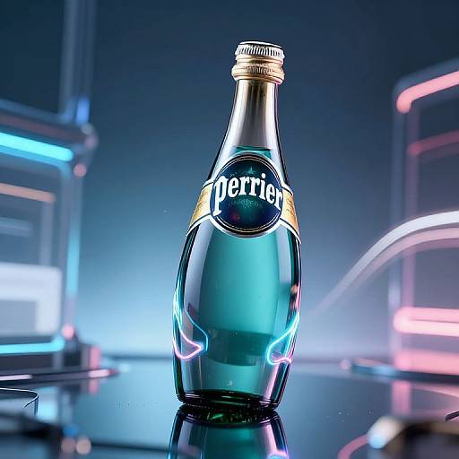 Photograph of a Perrier blue glass bottle with a gold cap, centered on a reflective surface, illuminated by neon blue and pink lights in a futuristic