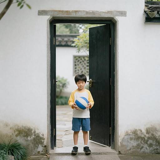 Young Boy Holding Ball in Courtyard