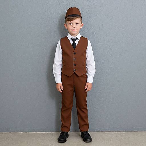 Photograph of a young boy in a brown vest, white shirt, black tie, brown pants, black shoes, and brown hat, standing against a