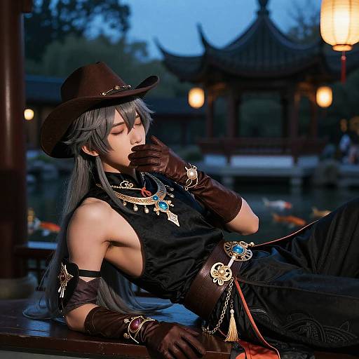 Cosplay of Aether from Genshin Impact in Traditional Chinese Setting