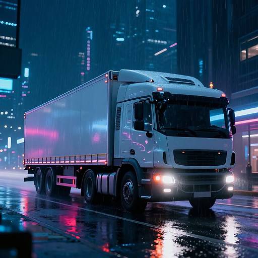 Neon-lit, rainy city night photograph of a white semi-truck with glowing headlights and colorful reflections on wet streets. Modern skyscrapers in