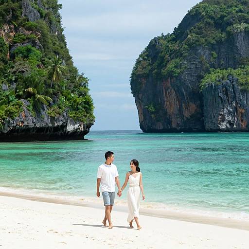 Couple in white outfits holding hands, walking on a pristine beach with turquoise water and towering limestone cliffs in background. Photographic image.