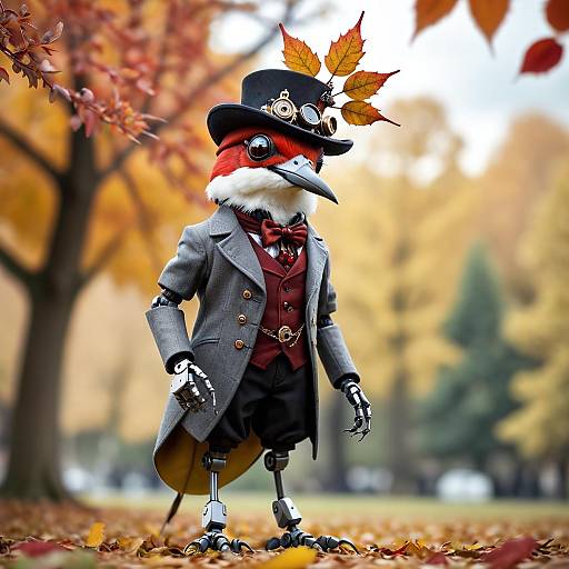 Steampunk Robot Bird in Autumn Outfit