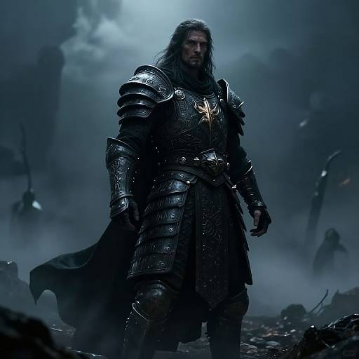 Dark, brooding warrior in heavy, silver armor with a golden emblem stands in a misty, ruined landscape, photo-realistic CGI.