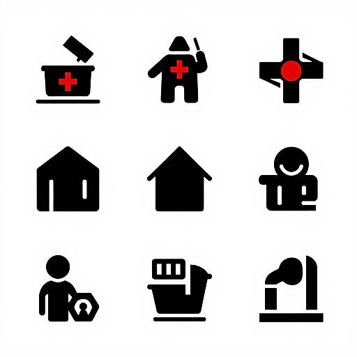 Digital black-and-white icon set featuring 12 simplified house and human symbols, with red cross in three icons, on a white background.