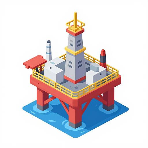 Isometric digital illustration of a colorful offshore oil platform with a tall white and yellow tower, red supports, and blue water base.