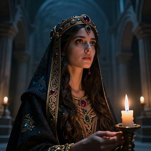 Photograph-like digital art of a solemn, dark-haired queen in ornate black veil and jeweled crown, holding a candle in a dimly lit