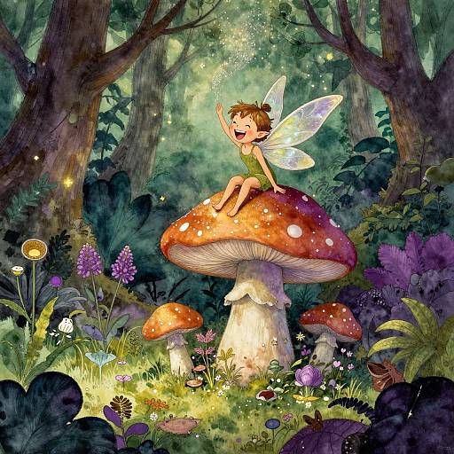 Whimsical fairy with sparkling wings and green dress sits joyfully on a large, red-capped mushroom in a vibrant, enchanted forest. Digital illustration