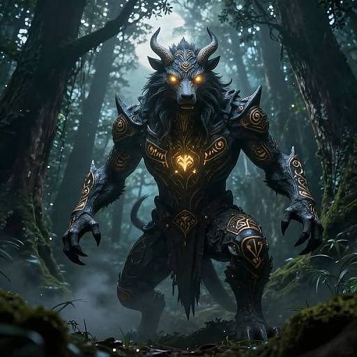 Digital fantasy artwork of a towering, muscular, horned minotaur with glowing orange eyes and intricate dark armor, crouching in a misty