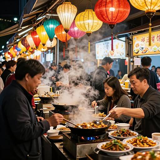 Photograph of a bustling Asian night market with vibrant red, orange, and yellow paper lanterns, patrons eating steaming dishes, and smoke rising from
