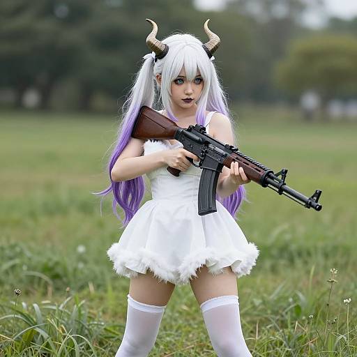 Digital anime-style drawing of a white-haired, purple-tinted girl with horns, wearing a white fur dress and stockings, holding a rifle in a