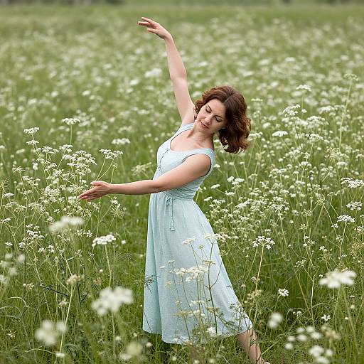 Photograph of a smiling, fair-skinned woman with short brown hair, wearing a light blue dress, gracefully dancing in a lush white wildflower field