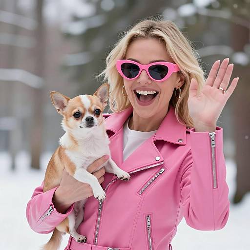 Blonde Woman with Chihuahua in Snowy Scene