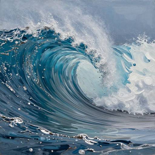 Dynamic painting of a towering, blue ocean wave with white foamy crest, capturing movement and power in vivid, swirling colors.