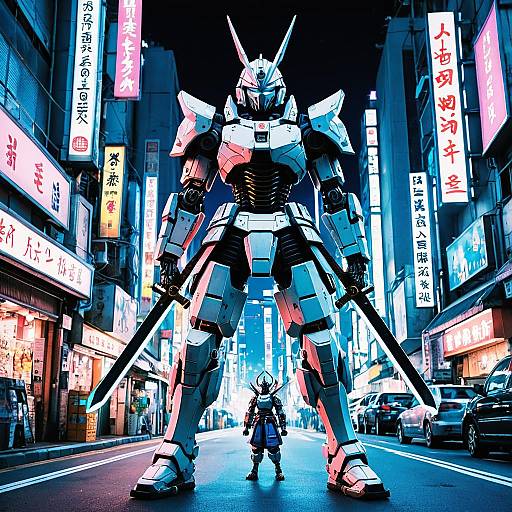 Futuristic Samurai Robot in Neon City