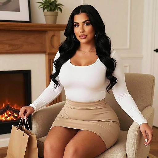 Photograph of a curvy woman with long black hair, wearing a white long-sleeve top and beige skirt, sitting in an armchair,
