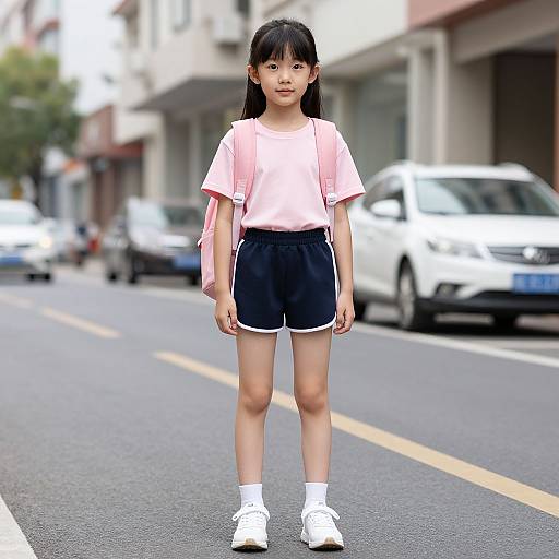 Photograph of an Asian girl with straight black hair, wearing a pink shirt, black shorts, white socks, and white sneakers, standing on a city