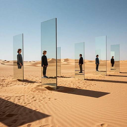 Photograph of six men in black suits standing behind transparent glass panels in a bright, sandy desert under a clear blue sky.