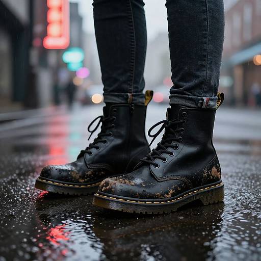 Photograph of worn black combat boots with yellow stitching, standing on a wet, reflective city street at night. Blue jeans, blurred neon signs, and