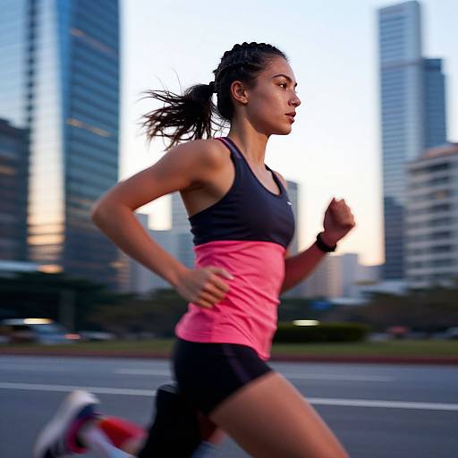 Photograph of a fit, dark-skinned woman with braided hair running in a city, wearing a pink sports top and black shorts, blurred skys