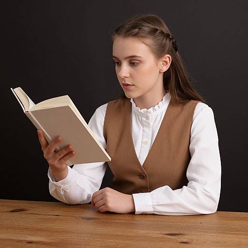 Young woman with fair skin and long brown hair in braided pigtails, wearing a white ruffled shirt and brown vest, reads a book at