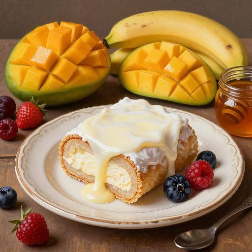 Photograph of a cream-topped cake slice on a white plate, surrounded by mango halves, bananas, berries, blueberries, and a jar of