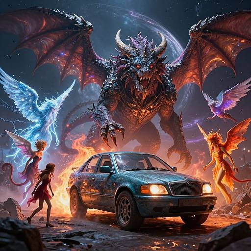 Digital art: Fiery battle scene with a blue-winged angel, orange-winged demon, and a fierce dragon surrounding a burning, crashed sedan car