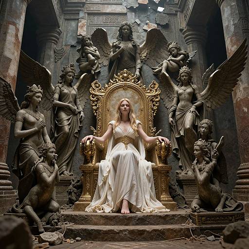 Photograph of a blonde woman in a white gown, seated on an ornate golden throne, surrounded by dark, winged statues in a decrepit