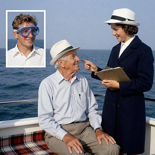 Vintage Portrait on Boat with Elderly Man and Young Woman