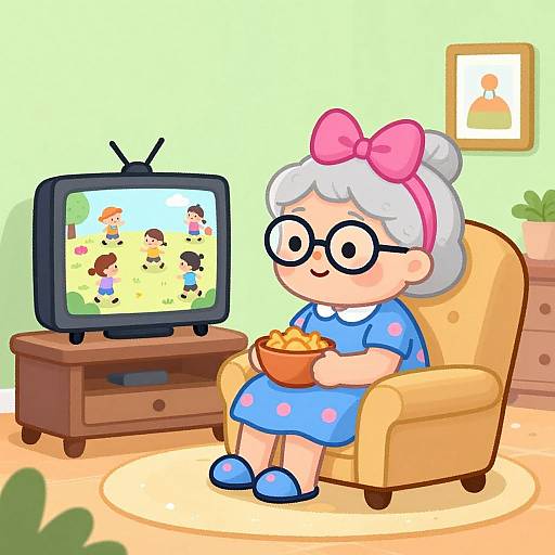 Cozy Cartoon Grandma Watching TV