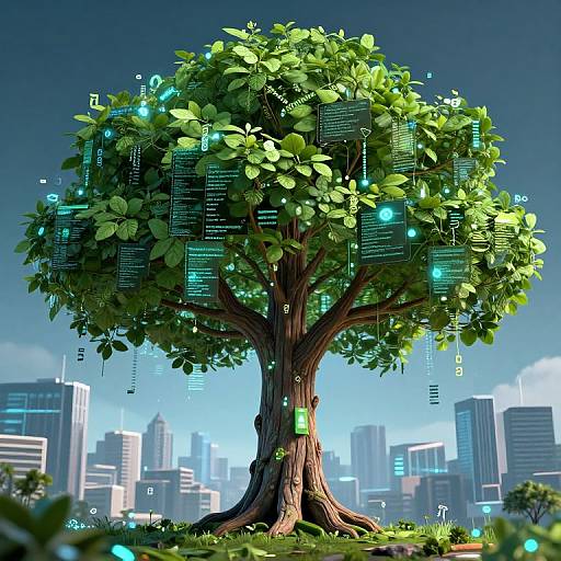 Digital artwork of a vibrant tree with glowing, floating binary code and musical notes, set against a futuristic city skyline.